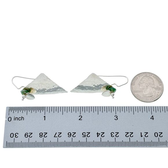 Sterling Silver Abstract Hammered Triangle Heart Green Nephrite Dangle Earrings - Picture 5 of 6